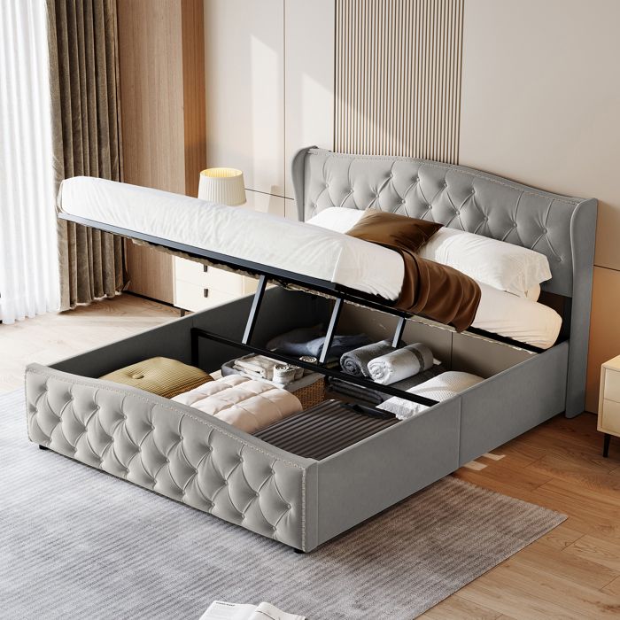 Lit Coffre Double - Lit Rembourré 140x200cm - Lit Adulte en Velours - Rivets Décoratifs - Coffre de Rangement et Sommier à lattes