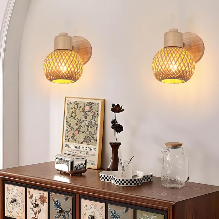 iDEGU 2x Applique Murale Vintage Lampe Murale Indutsriel Abat-jour en Bambou et Bois Design Rond Lustre Reglable pour Couloir Salon