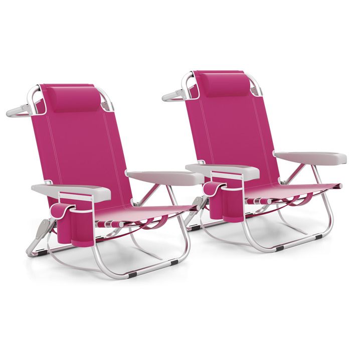 Lot de 2 Chaises de Camping Pliable COSTWAY 5 Positions Réglables Appui-Tête Poches Latérales Porte-Serviettes Sangles Rose