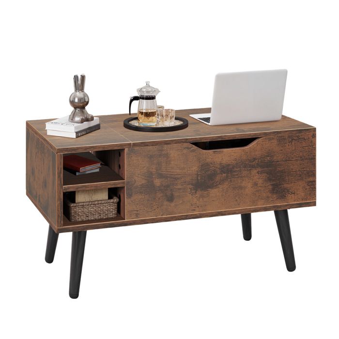 Table basse relevable Balconera – Compartiment caché étagère réglable ressort – 80x40x61 5 cm – Marron rustique