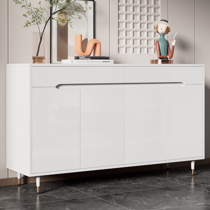 Meuble a chaussures 140x39x84 cm avec 2 portes 2 tiroirs Armoire à chaussures avec étagères réglables et pieds dorés Blanc