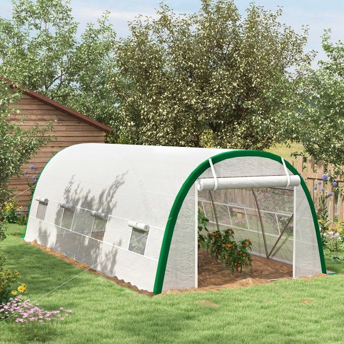 Serre de Jardin Tunnel 18 m² dim. 6L x 3l x 2H m - 8 fenêtres Porte zippée Enroulable Acier galvanisé bâche PE Blanc
