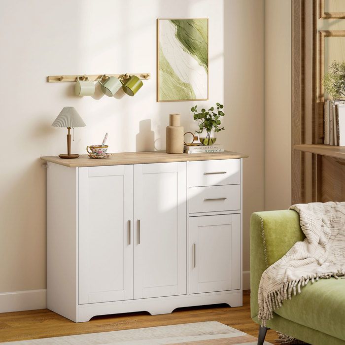 Buffet salon meuble de rangement avec 2 tiroirs 3 portes et étagère réglable 100 x 40 x 78 cm blanc et bois naturel
