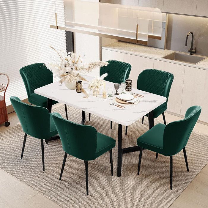 Lot de 6 chaises rembourrée avec dossier Chaise de salle à manger avec structure en métal Vert foncé Velours Pour salon cuisine