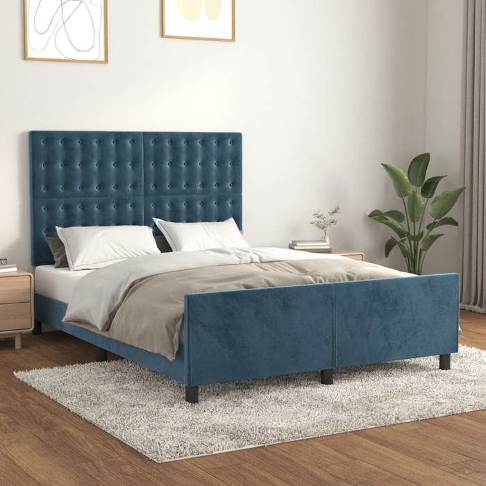 Cadre de lit en velours - UU - 140x200 cm - Bleu foncé - Velours doux - Hauteur réglable - Pieds robustes