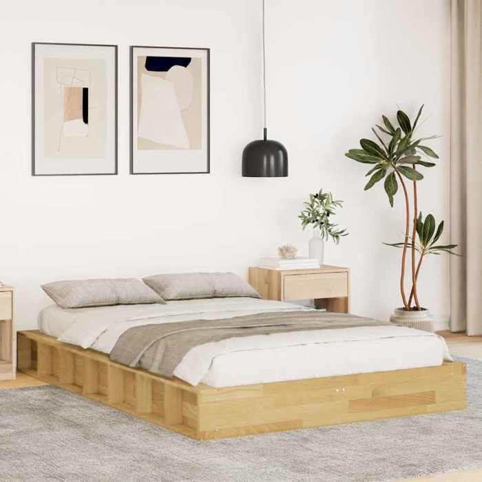 Structure de lit en bois massif - UU - 120x190 cm - Bois de chêne - Sommier à lattes - Compartiments de rangement - Brun