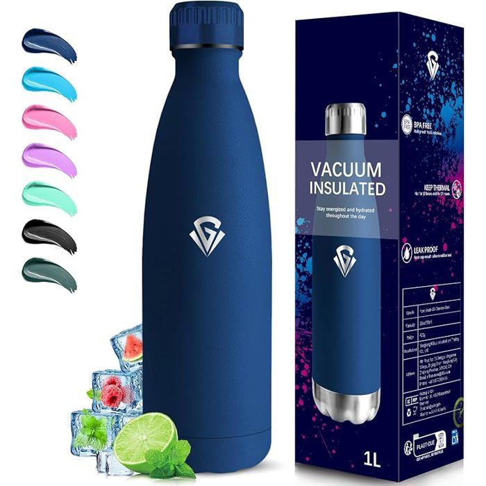 Gourde isotherme 1 litre en inox maintient le froid 24h et le chaud 12h sans BPA double paroi bleu foncé GOURDE