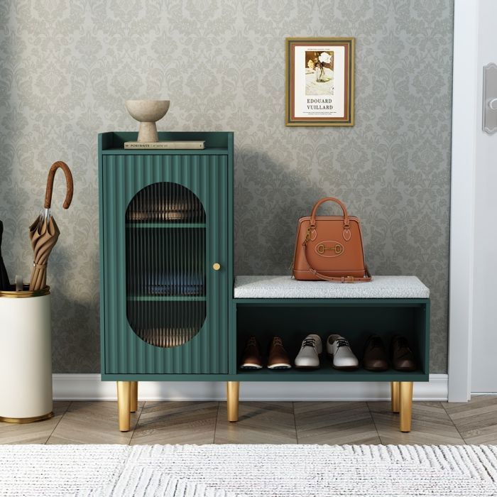 Meuble à chaussures - HOLTICO - Meuble dentrée avec assise style français porte en verre strié - 100 x 91 x 30 cm Vert