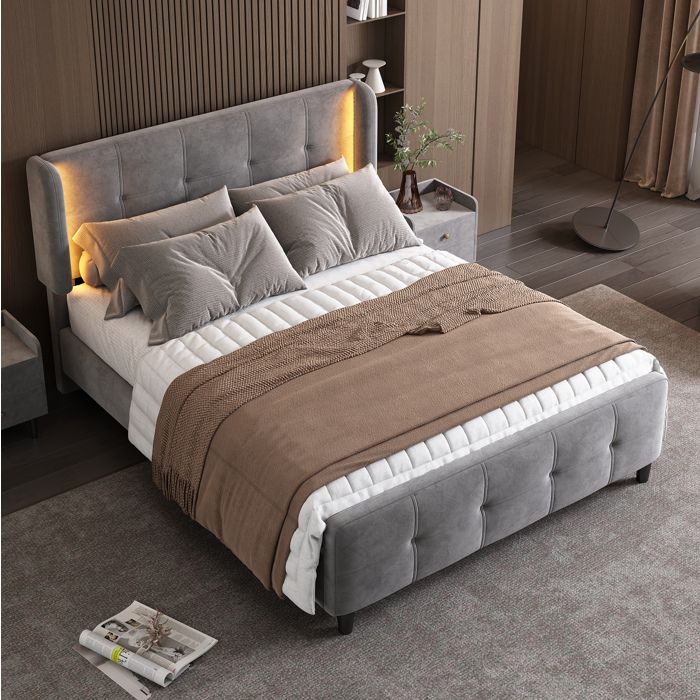 Lit adulte 140×200 cm LED 16 couleurs. tête de lit réglable 3 hauteurs. velours gris. sommier 12 lattes. armature métal