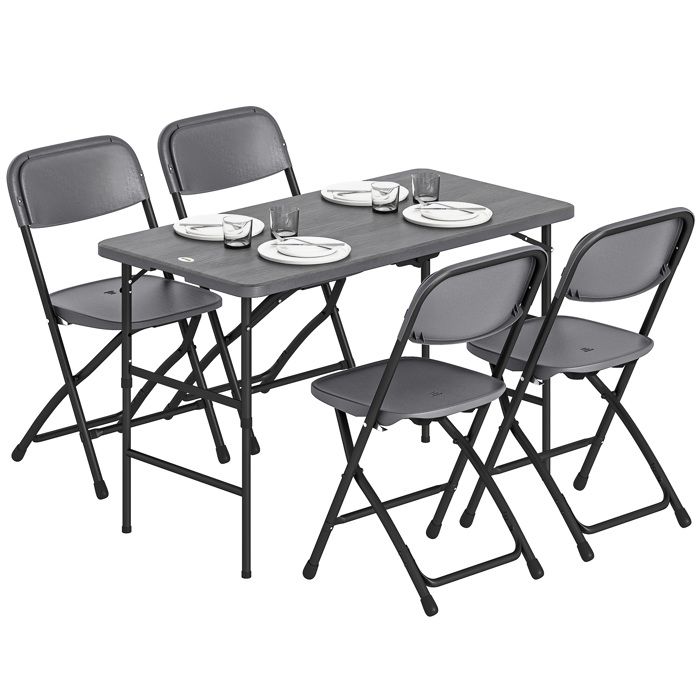 Salon de jardin extérieur - Outsunny - 4 personnes chaises pliables table réglable en hauteur - plateau effet bois - gris foncé