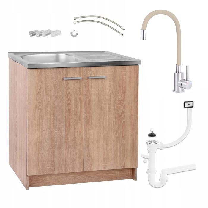 Meuble sous Évier 80 cm Chêne Sonoma + Évier Deante Inox + Robinet Extensible Beige + Siphon LV - 80x49x82 cm