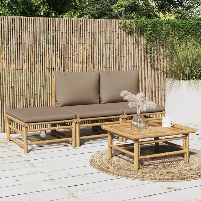 NEW 2026 Salon de jardin lot de 4 Meuble pour 3 personnes avec coussins taupe bambou 55x65x30 cm S1339