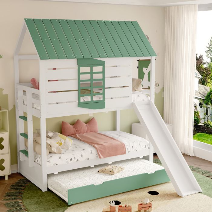 Lit superposé 90x200 cm Lit avec design maison et lit extensible MDF et Pin Sans matelas Vert