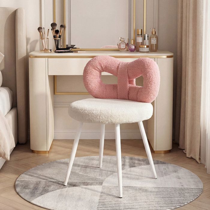 BIPLUT  - Tabouret - Tabouret de coiffeuse - Coussin dassise blanc - Dossier incurvé rose - Pieds en bois - Capacité portante 150kg