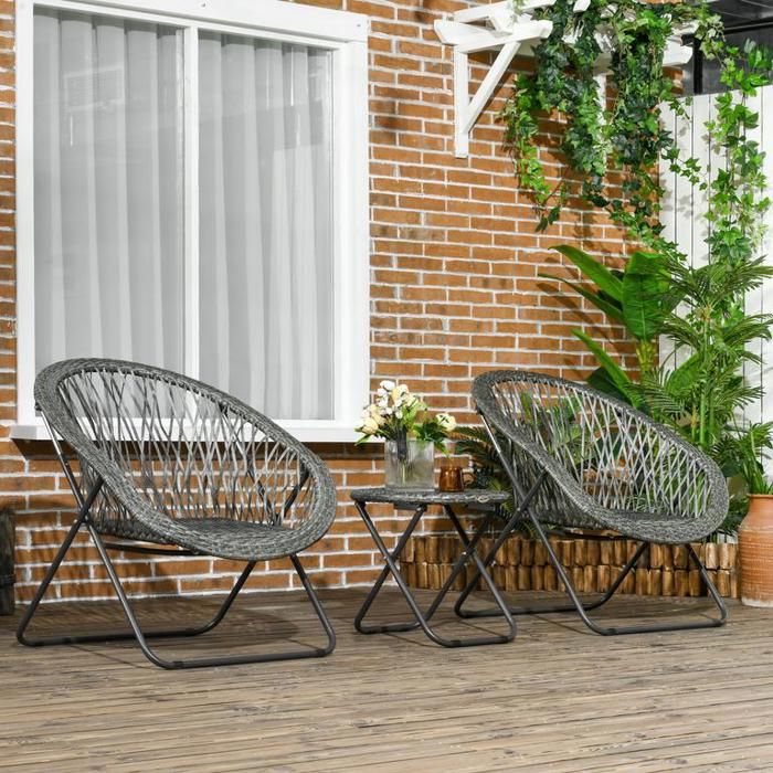 Ensemble de mobilier de jardin pliable pour balcon avec table basse et 2 chaises gris acier pour terrasse et jardin.