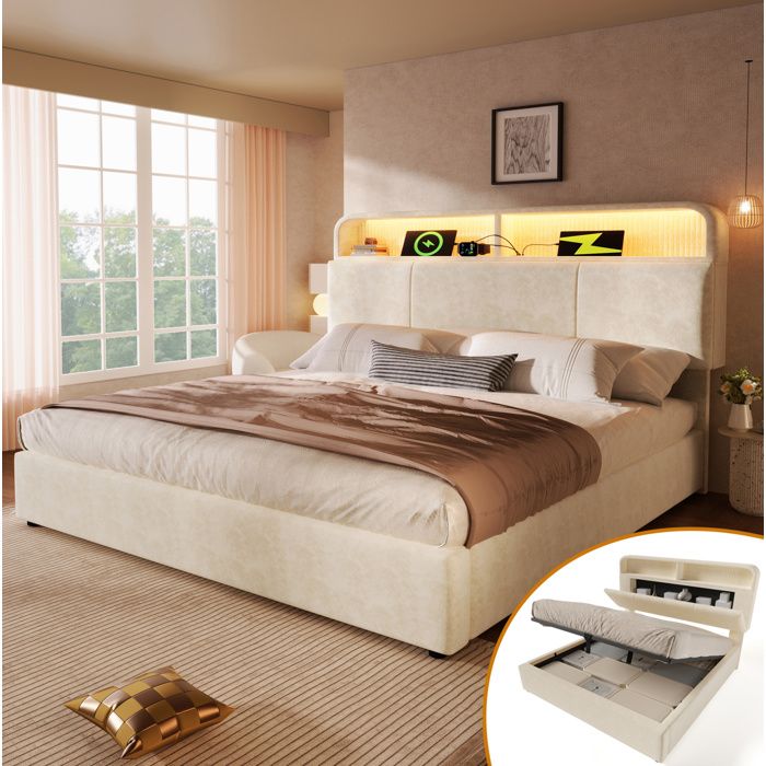 Lit Coffre Avec LED Tête De Lit Réglable Et USB/type-c Velours 140×190 cm Beige