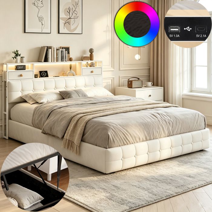 Lit 160x200 cm avec LED et USB cadre de lit coffre 160x200 lit double avec sommier à lattes et tete de lit tissu velours beige