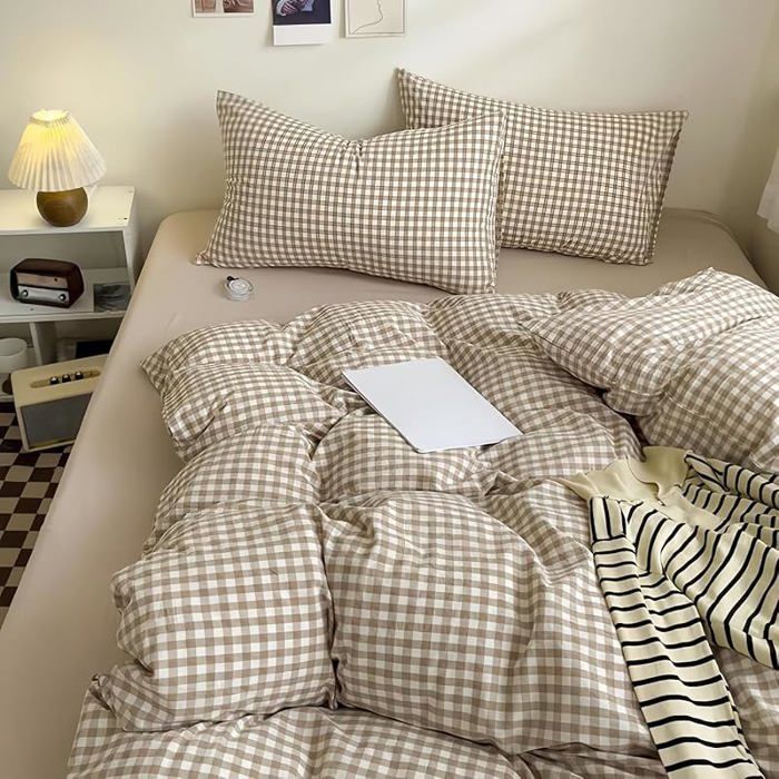 Covebett Housse de Couette 240x260 à Carreaux Beige Marron Moderne Parure de Lit Adulte 2 240 x 260 + 2 x 65 x 65 Marron