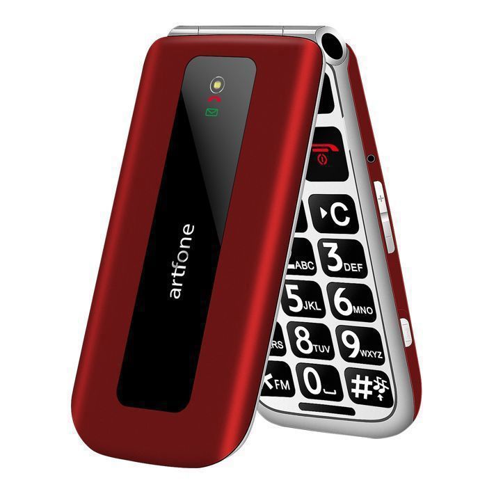 Téléphone Portable Senior - artfone F20 GSM Clapet Débloqué - Bouton SOS - Radio FM - Appel Rapide - Batterie 1300 mAh - Rouge