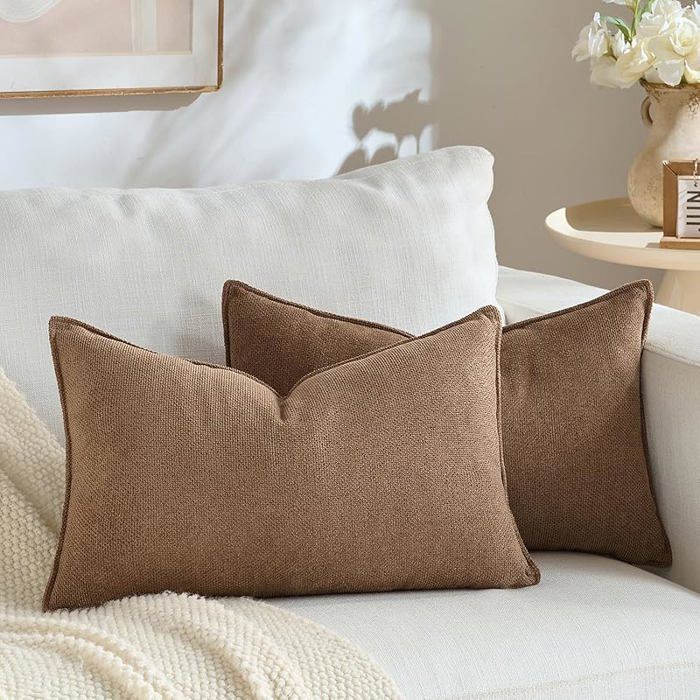 Lot de 2 Housses de Coussin 40 x 80 cm Brun Chenille au décor Moderne Design uni et Neutre avec Bordure Design Brun