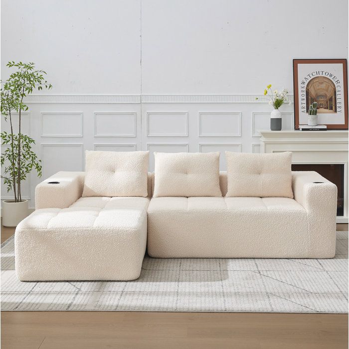 Canapé dangle fixe gauche 3 places beige en polyester bouclette avec porte-gobelets 255 x 161 x 64 cm