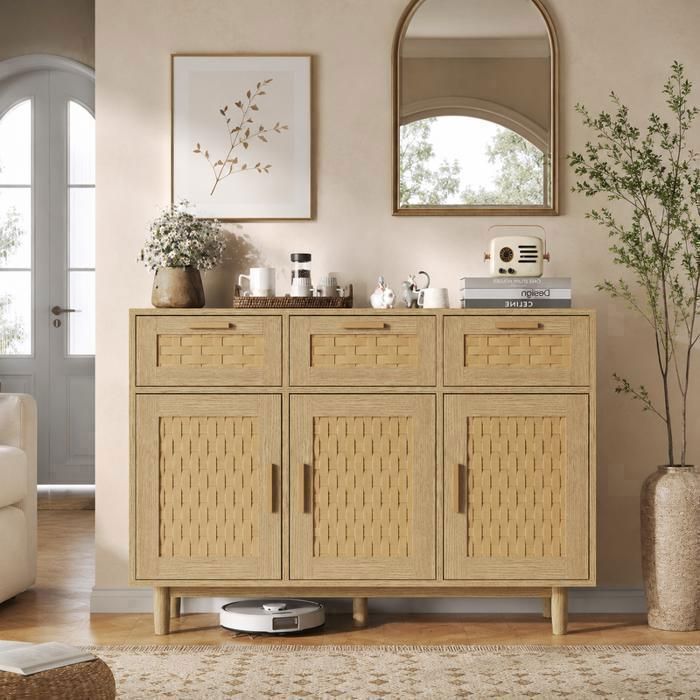 Commode 3 Portes et 3 Tiroirs Rotin Commode de Rangement avec anti-basculement pour Couloir Salon et Chambre108x40x80 Chêne