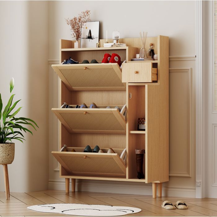 WOVREO Meuble à chaussures 90x17x125 cm avec 3 portes abattantes 1 tiroir 1 porte latérale MDF naturel