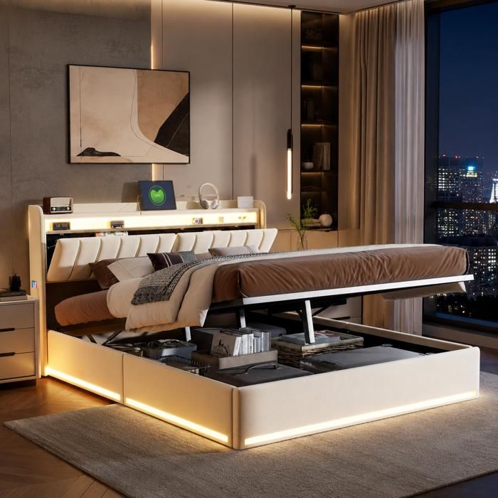 Lit Coffre 140x200 cm avec Sommier lit double avec USB et LED Lit 2 Personnes hydraulique rangement velours Beige