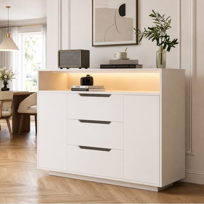 Buffet bas blanc mat avec niche ouverte 3 tiroirs et 2 portes LED intégrée bois ingénierie 120 x 40 x 85 cm ORVRYN