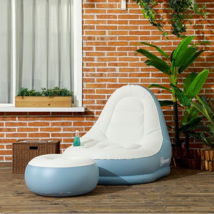 Canapé gonflable blanc avec repose-pieds et porte-gobelet 125 x 100 x 87 cm pour maison et camping