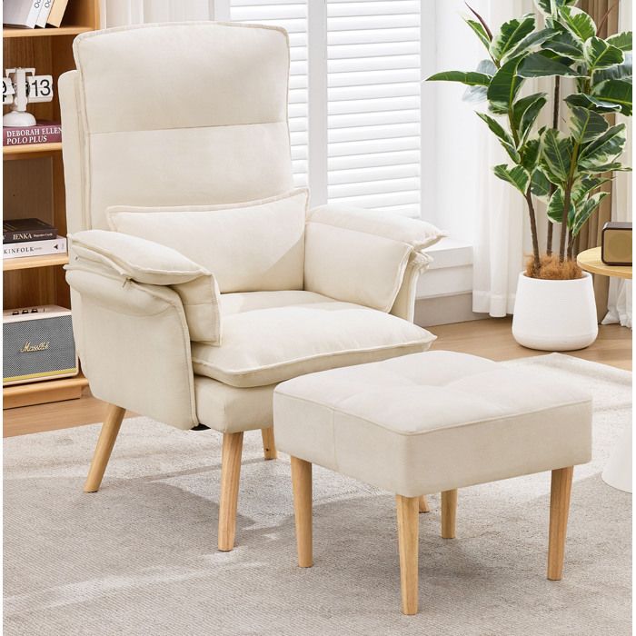 Fauteuil relax inclinable 5 positions avec repose-pieds en tissu aspect lin beige pieds en bois massif