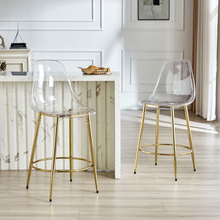 Tabouret de Bar Lot de 2 Transparent 66 cm avec Dossier - TCQPZ - Repose-pieds Métal et PET - Or Transparent