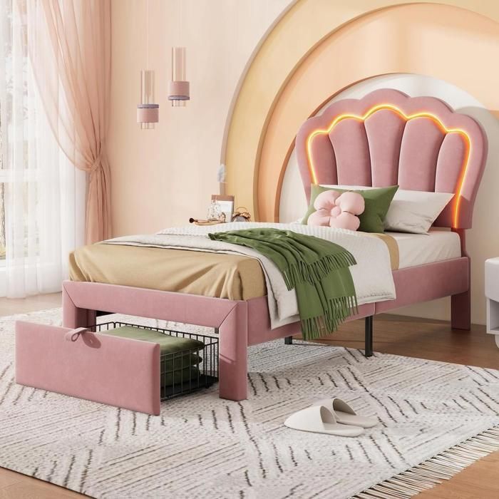 Lit enfant - KOMHTOM - 90x190 cm - LED intégrée - Coffre de rangement - Tête réglable Lit enfant - KOMHTOM - 90x190 cm - LED intégrée - Coffre de rangement - Tête réglable