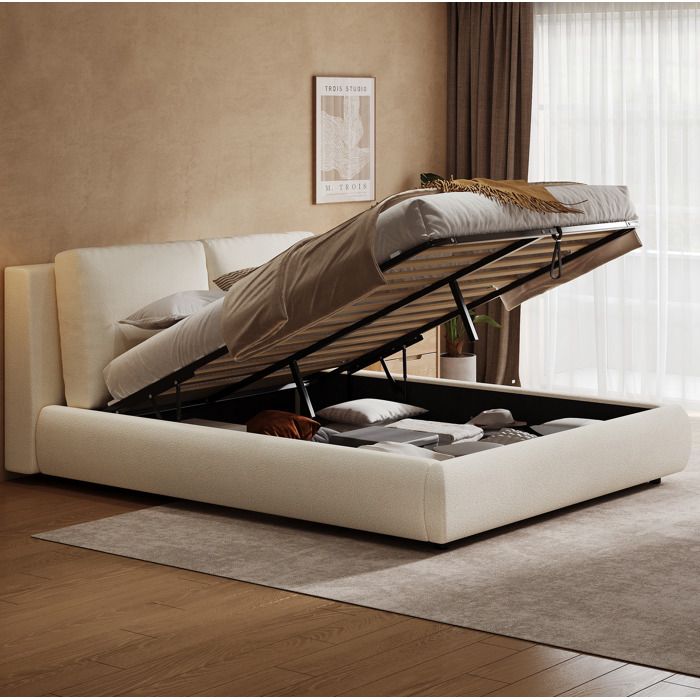 Modenuit Lit coffre 160 x 200 cm 2 places avec ouverture hydraulique sommier a lattes inclus tissu boucle beige