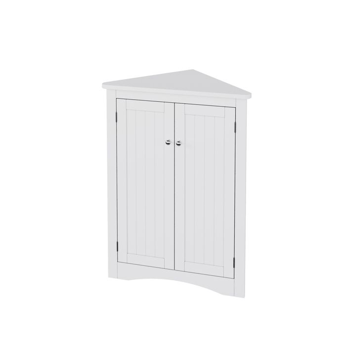 Meuble dAngle Bas Blanc pour Salle de Bain et Séjour - Buffet dAngle Triangle avec 2 Portes et 3 Niveaux - en Bois MDF Laqué