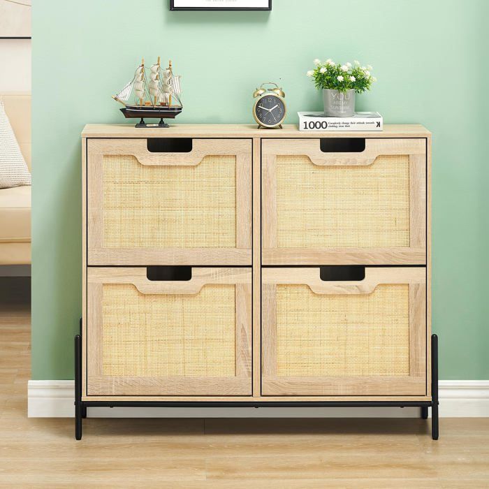 Armoire à chaussures étroite 4 portes étagères réglables bois rotin naturel 100x24x88 cm couloir entrée