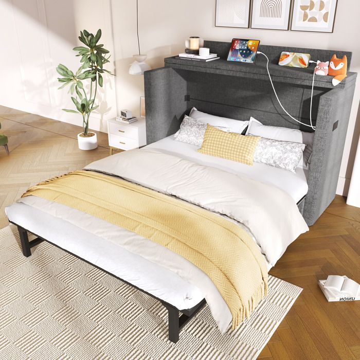 Lit escamotable Double 140×200 cm avec tiroir USB et Type-C et rangement convertible en armoire - LPOSPI - sans matelas lin - gris