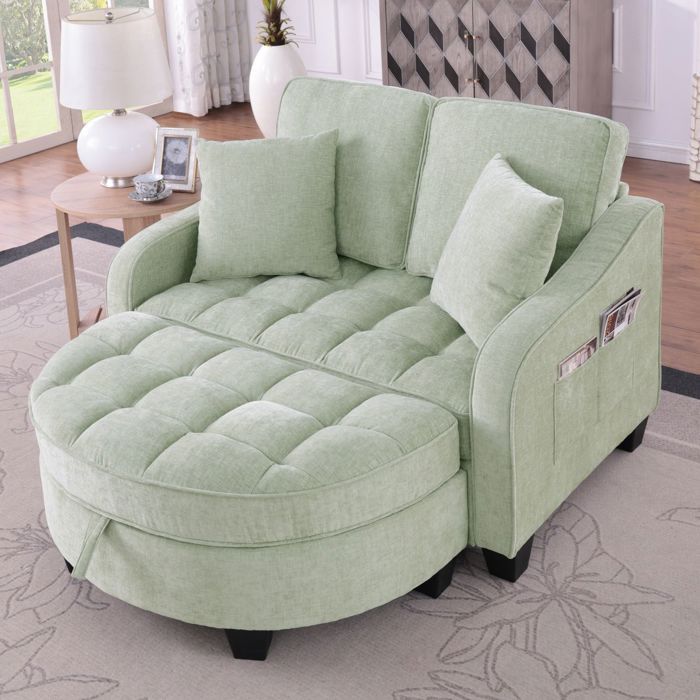 Canapé convertible - SOGEU - 2-en-1 - Tissu chenille cyan - Coffre de rangement & pouf - Structure bois d’eucalyptus