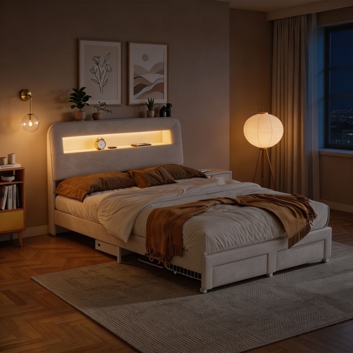 Lit 2 places - 140 x 200 cm velours - Sommier à lattes - 2 tiroirs de rangement - LED avec USB/Type-C
