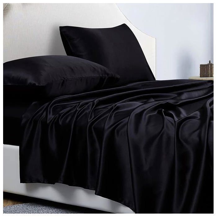 Parure de lit satin uni 200*200 cm 4 pièces Drap‑housse grand bonnet 36 cm- Noir
