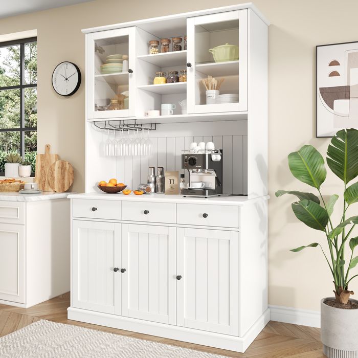 Buffet haut 120 x 40 x 191 cm vaisselier blanc avec portes vitrées porte-verres prise intégrée USB-C et USB-A TYNQER