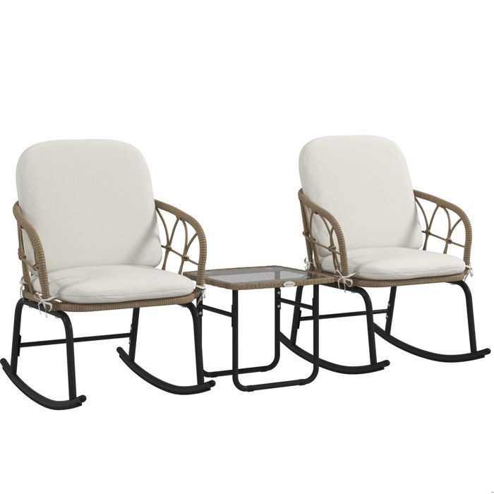 Salon De Jardin 3 Pieces En Rotin Fauteuils A Bascule FloraGrace Pour Terrasse Balcon Coussins Zip Amovibles 63x82x75cm
