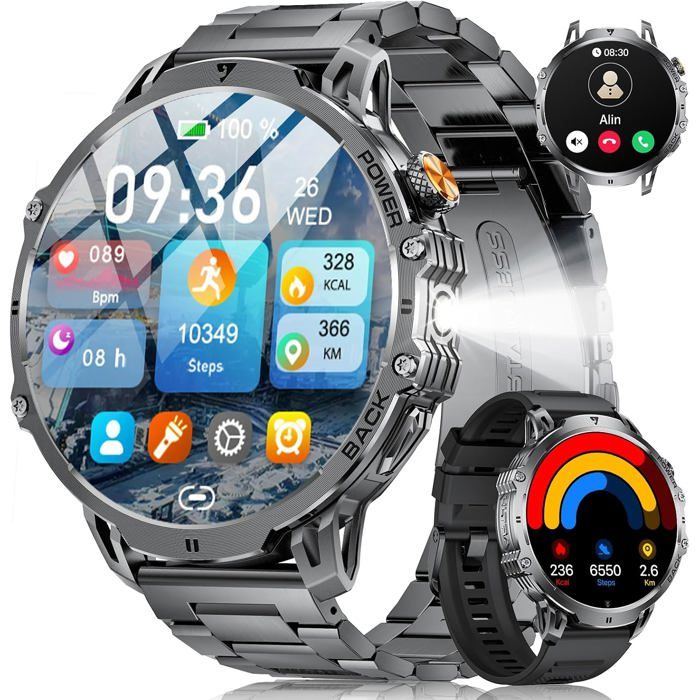 Montre connectée noire - Écran IPS HD 1 85 pouces - Batterie 1000 mAh - Lampe torche LED - 120+ modes sport