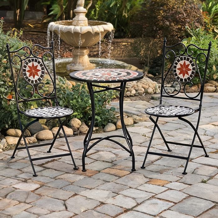 Table et 2 chaises de jardin pliantes avec plateau mosaïque rose des vents diamètre 60 cm - Noir Métal 60 x 60 x 71 cm Ref KM2Q5V
