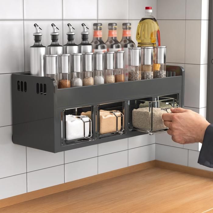 Porte-épices mural 4 cases sans perçage rangement assaisonnement pour cuisine Porte-épices mural 4 cases sans perçage rangement assaisonnement pour cuisine