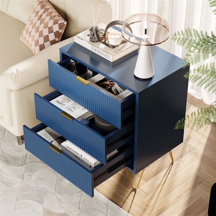 Commode 3 tiroirs - 60x40x79cm - Meuble de rangement pieds dorés pour chambre - Bleu foncé Commode 3 tiroirs - 60x40x79cm - Meuble de rangement pieds dorés pour chambre - Bleu foncé
