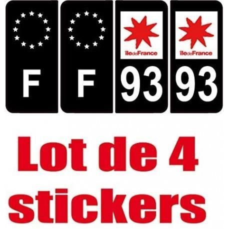 4 Autocollants Stickers Auto Plaque d'immatriculation 93 Black Noir Edition et F europe noir étoile - Angles : droits