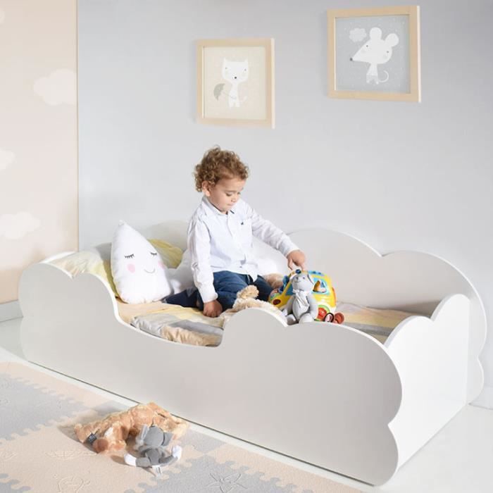 Lit enfant 2 ans bois blanc Nuage et matelas confort 70x140 cm