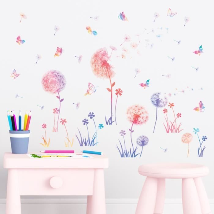Runtoo Sticker Muraux Pissenlit Autocollant Mural Fleurs Papillon Amovible Deco Stickers Enfant Chambre Bébé Salon Decoration