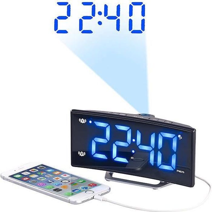 Readcly – Réveil lumineux enfant avec projection 180° – Écran miroir LED 7,3' – Double alarme – 4 niveaux de luminosité – Port USB pour charge